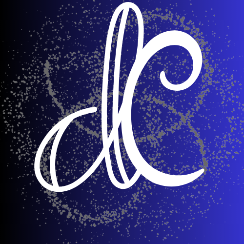 Stylised white cursive "dc" for Dean Crystal as a monogram on a dark blue gradient background with silver sparkling textures.
